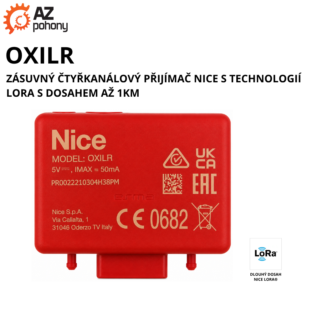 OXILR - zásuvný čtyřkanálový přijímač Nice s technologií LORA s dosahem až 1km