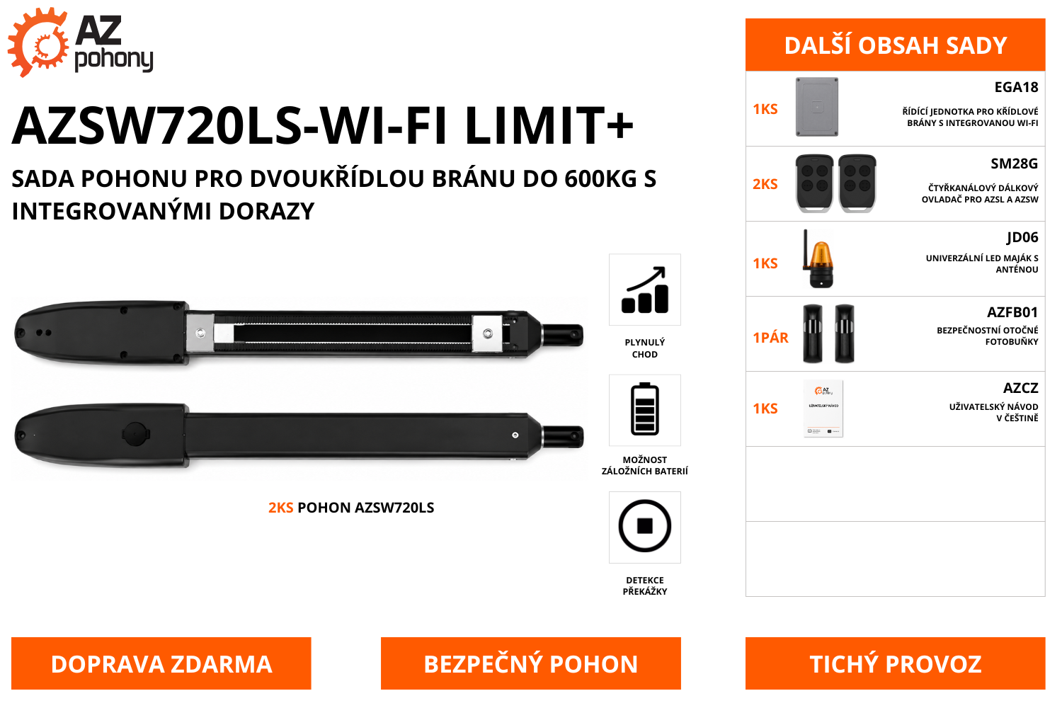 AZSW720LS-Wi-Fi Limit+ - sada pohonu pro dvoukřídlou bránu do 600kg s integrovanými dorazy