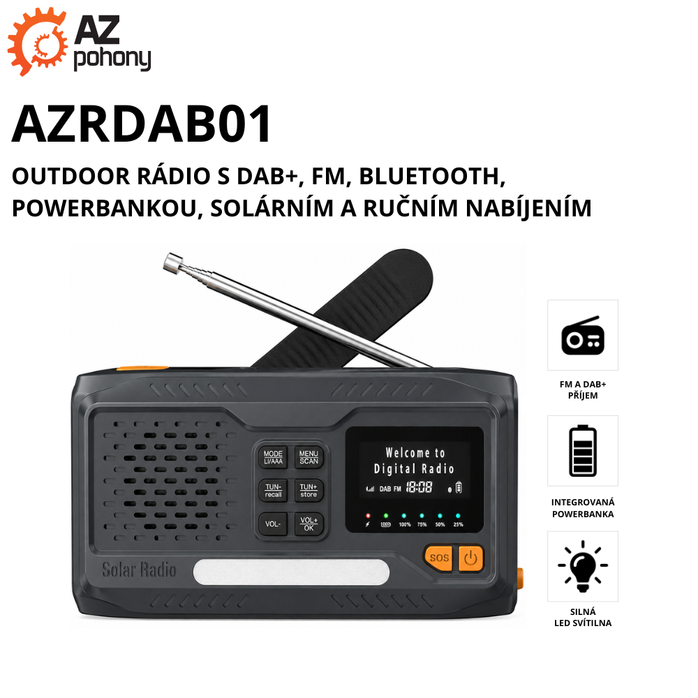 AZRDAB06 - outdoor rádio s&nbsp;DAB+, FM, Bluetooth, powerbankou, solárním a&nbsp;ručním nabíjením