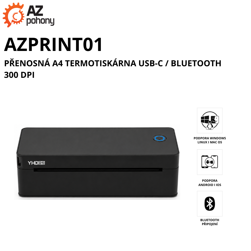 AZPRINT01 – přenosná A4 termotiskárna USB-C / Bluetooth, 300 DPI