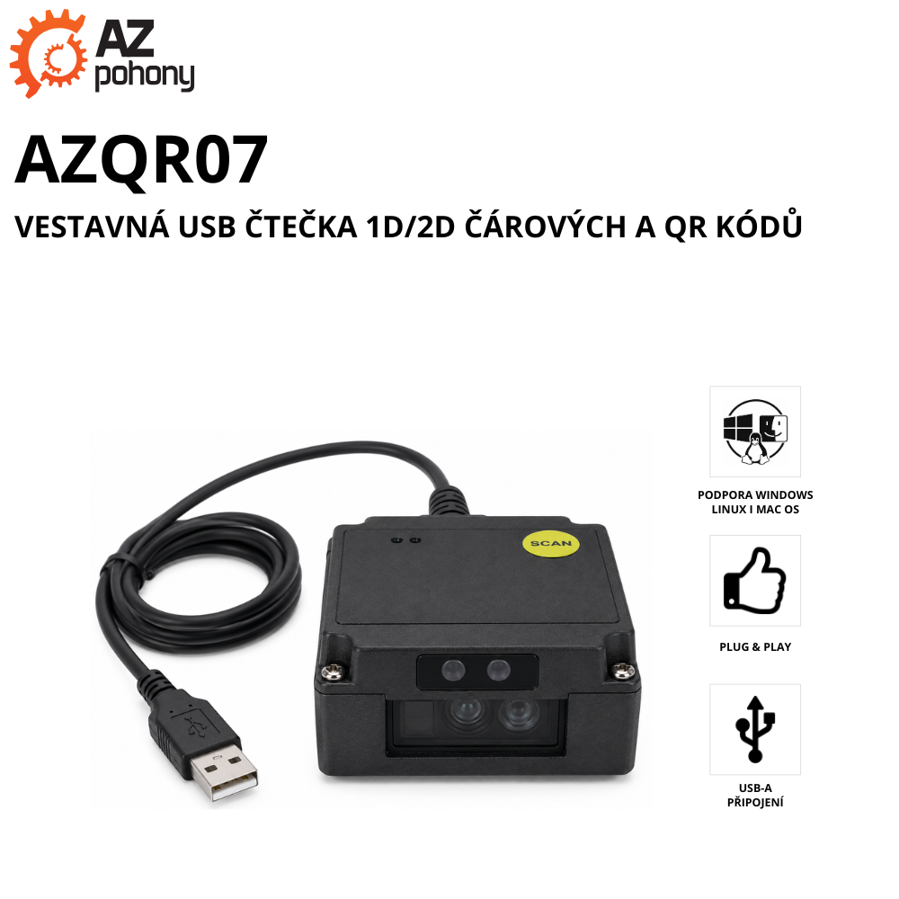 AZQR07 - vestavná USB čtečka 1D/2D čárových a QR kódů