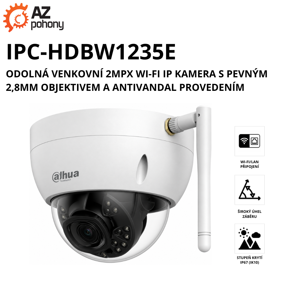 IPC-HDBW1235E - Odolná venkovní 2Mpx Wi-Fi IP kamera s pevným 2,8mm objektivem a antivandal provedením
