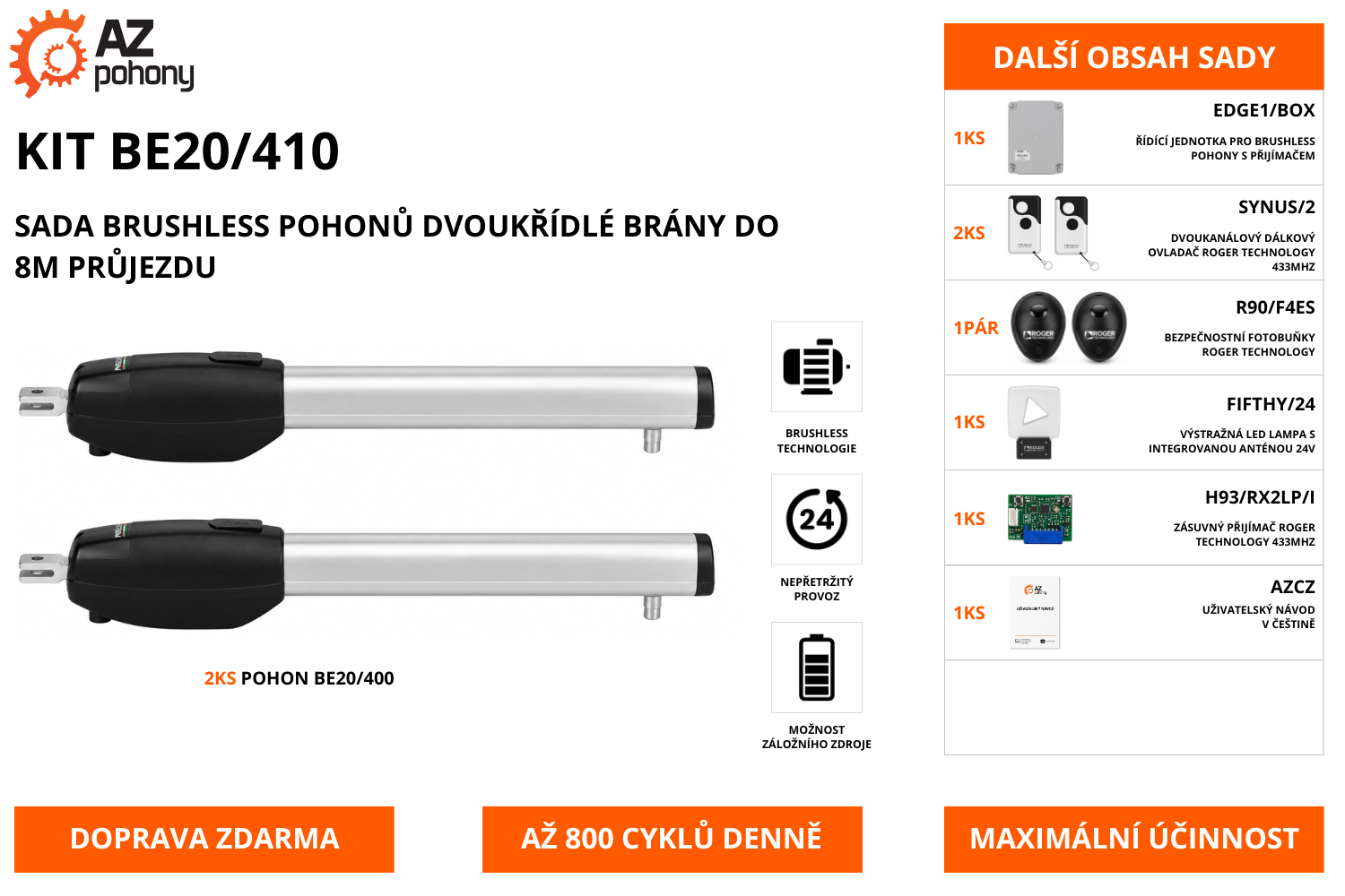 KIT BE20/410 - sada brushless pohonů dvoukřídlé brány do 8m průjezdu