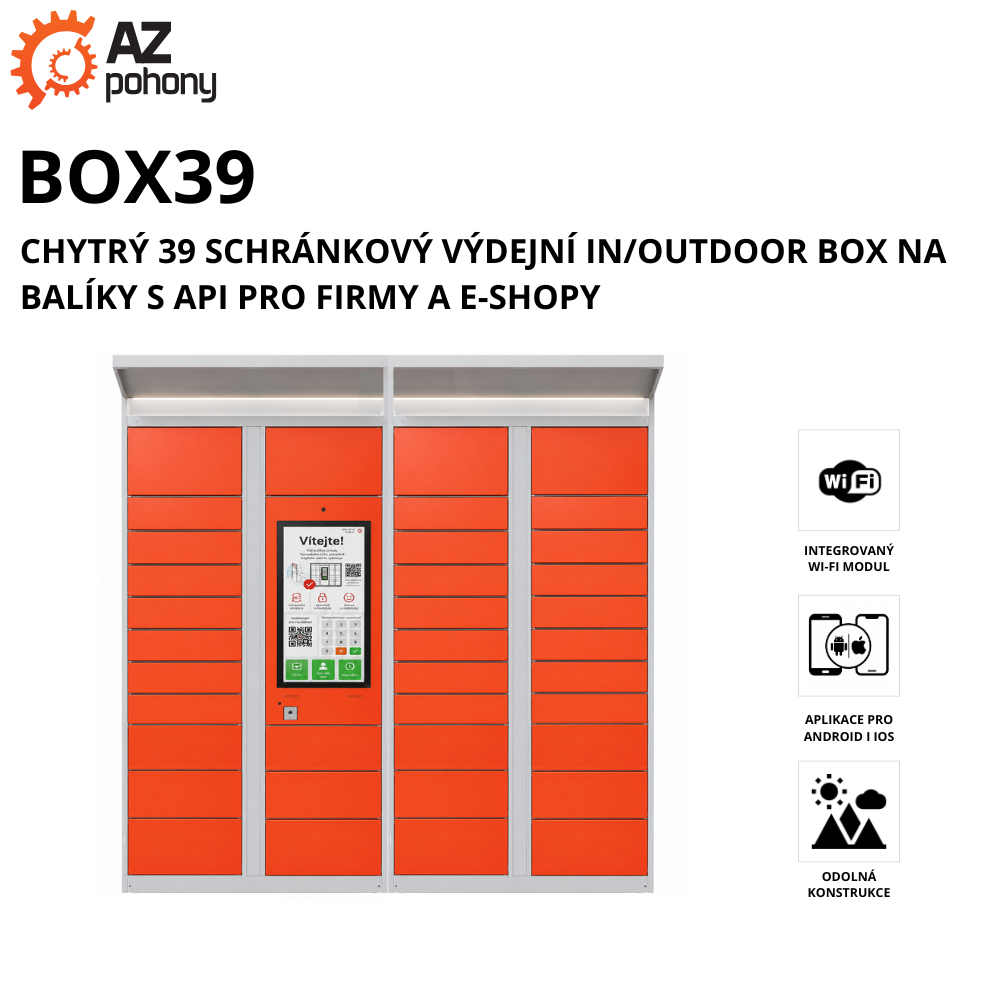 BOX 39 – chytrý 39 schránkový výdejní IN/OUTDOOR box na balíky s API pro firmy a e-shopy
