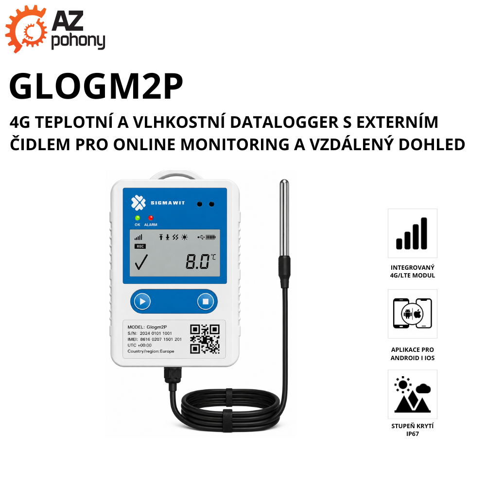 GLOGM2P - 4G teplotní a vlhkostní datalogger s externím čidlem pro online monitoring a vzdálený dohled