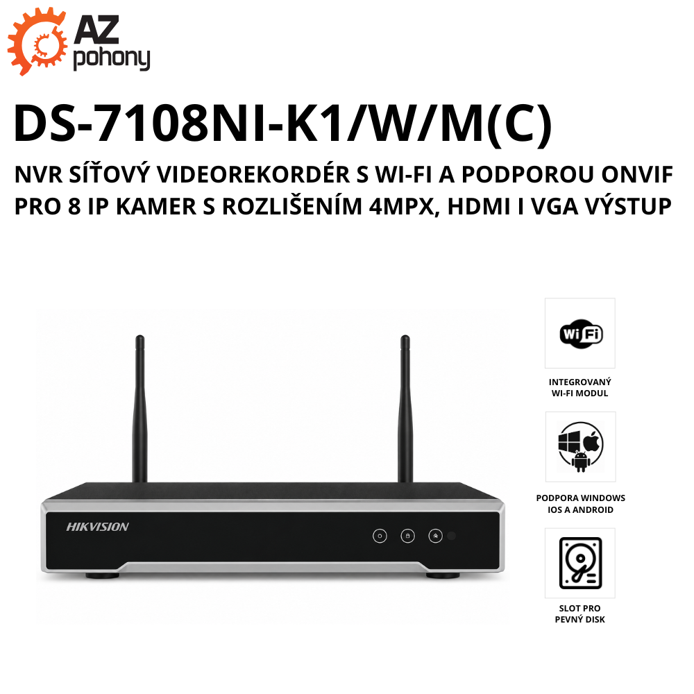 DS-7108NI-K1/W/M(C) - NVR síťový videorekordér s Wi-Fi a podporou ONVIF pro 8 IP kamer s rozlišením 4MPx, HDMI i VGA výstup