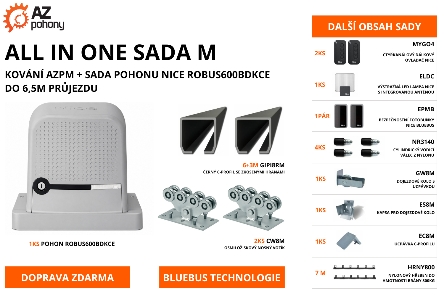 ALL IN ONE sada M - kování AZPM + sada pohonu Nice ROBUS600BDKCE do 6,5m průjezdu