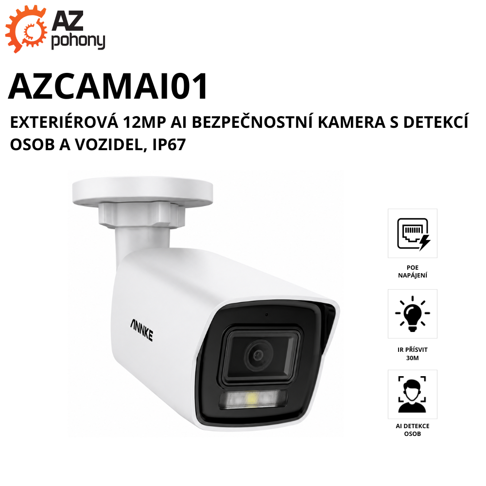 AZCAMAI01 - exteriérová 12MP AI bezpečnostní kamera s detekcí osob a vozidel, IP67