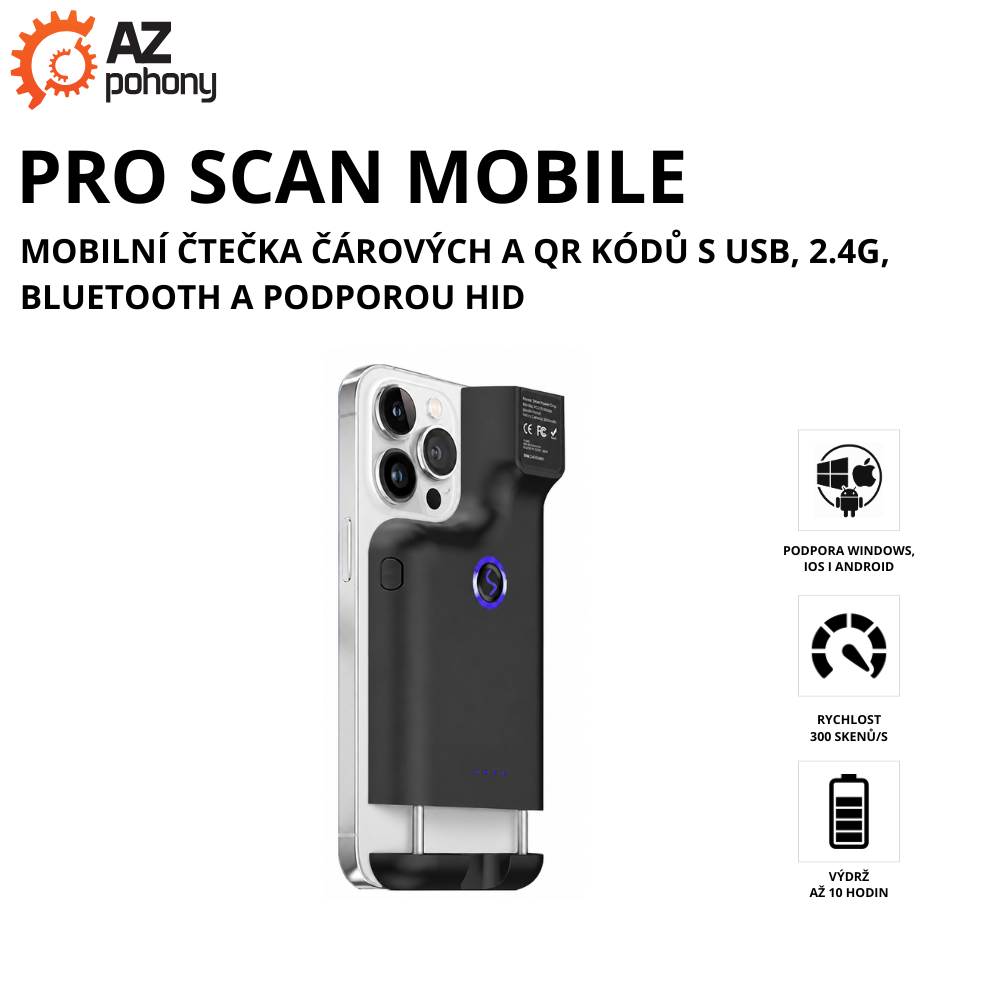 PRO SCAN MOBILE - mobilní čtečka čárových a QR kódů s USB, 2.4G, Bluetooth a podporou HID