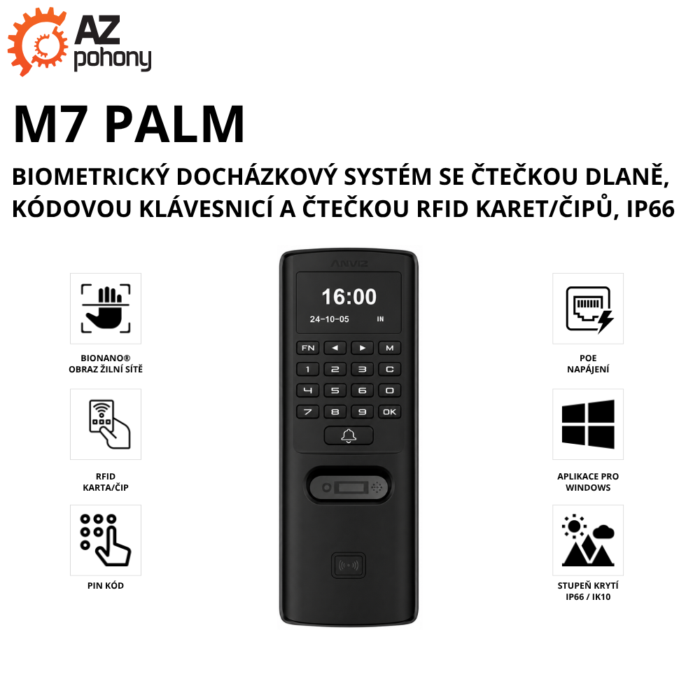 M7 PALM - biometrický docházkový systém se čtečkou dlaně, kódovou klávesnicí a čtečkou RFID karet/čipů, IP66