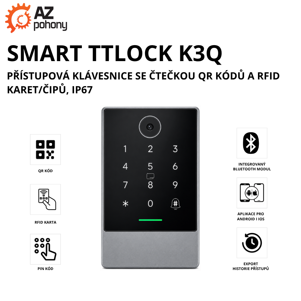 SMART TTLOCK K3Q - přístupová klávesnice se čtečkou QR kódů a RFID karet, IP67