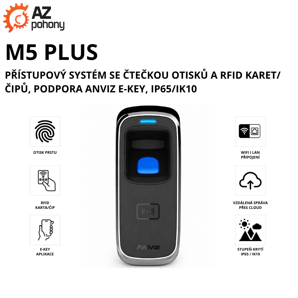 M5 PLUS - přístupový systém se čtečkou otisků a RFID karet/čipů, podpora Anviz E-KEY, IP65/IK10
