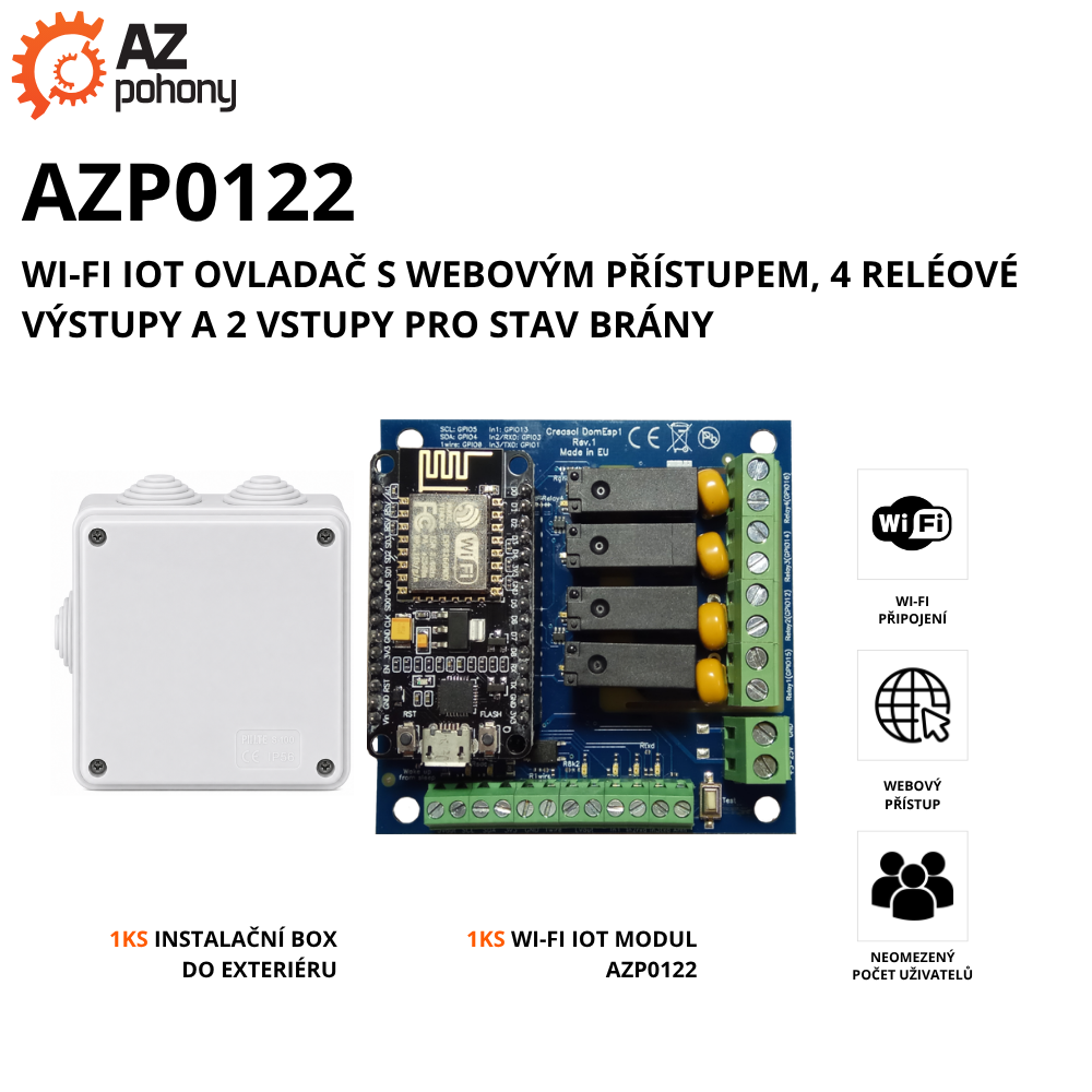 AZP0122 - Wi-Fi IoT ovladač s webovým přístupem, 4 reléové výstupy a 2 vstupy pro stav brány