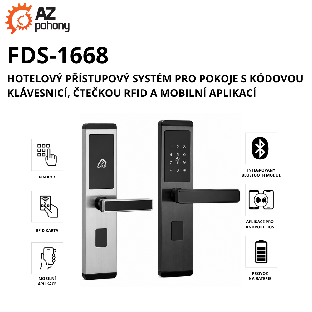 FDS-1668 - hotelový přístupový systém pro pokoje s kódovou klávesnicí, čtečkou RFID a mobilní aplikací