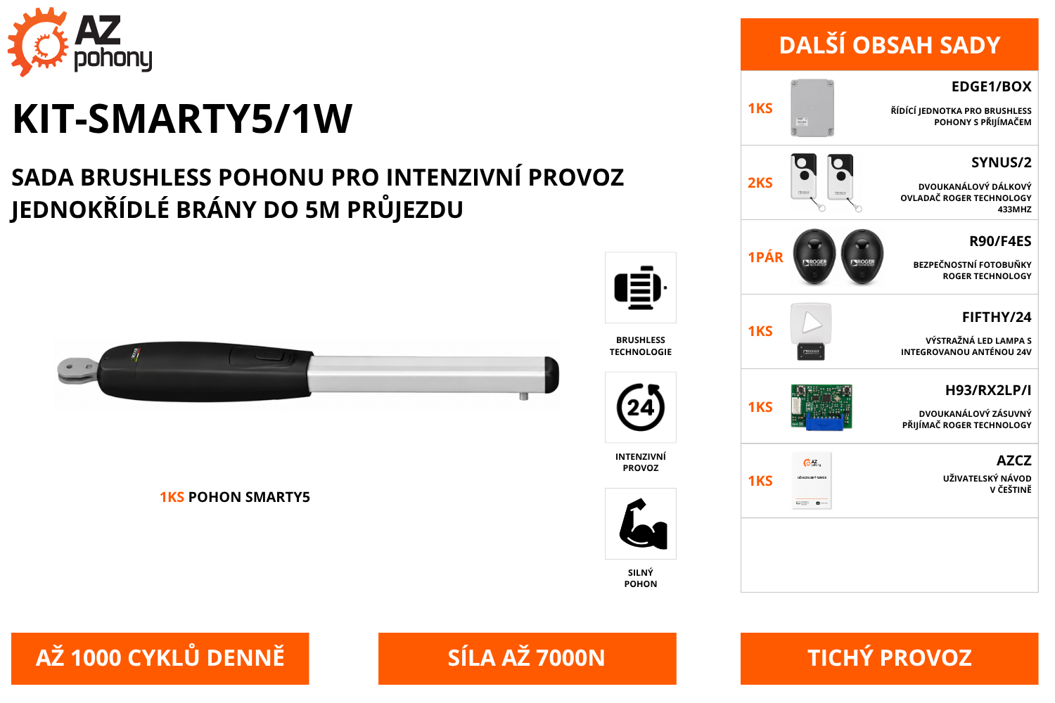 KIT-SMARTY5/1W - sada brushless pohonU pro intenzivní provoz jednokřídlé brány do 5m průjezdu