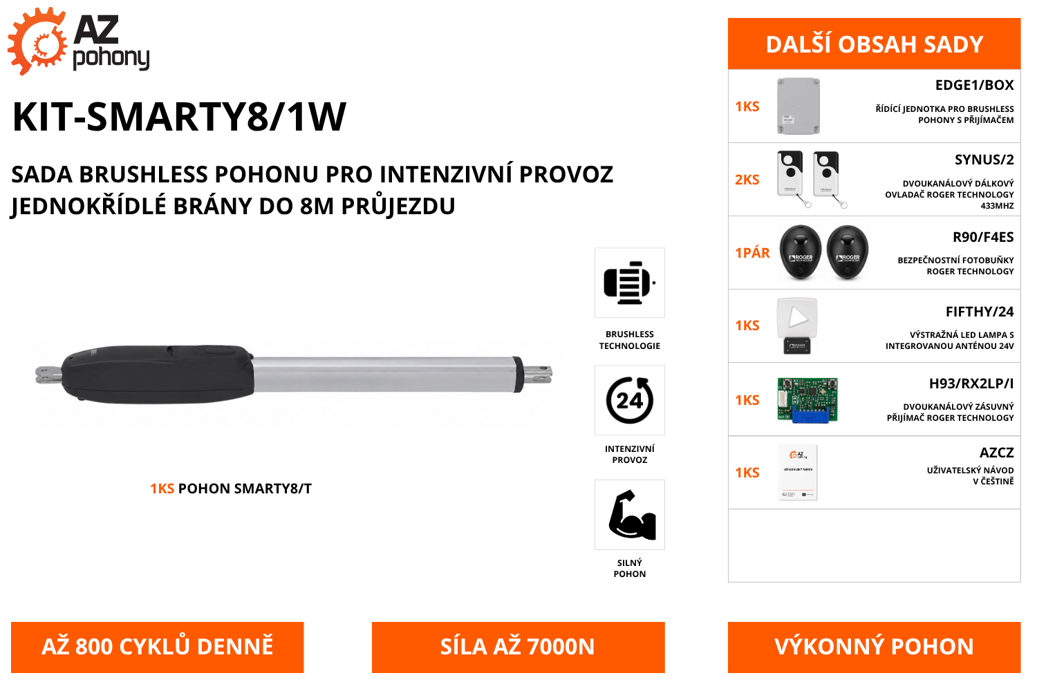 KIT-SMARTY8/1W - sada brushless pohonu pro intenzivní provoz jednokřídlé brány do 8m průjezdu