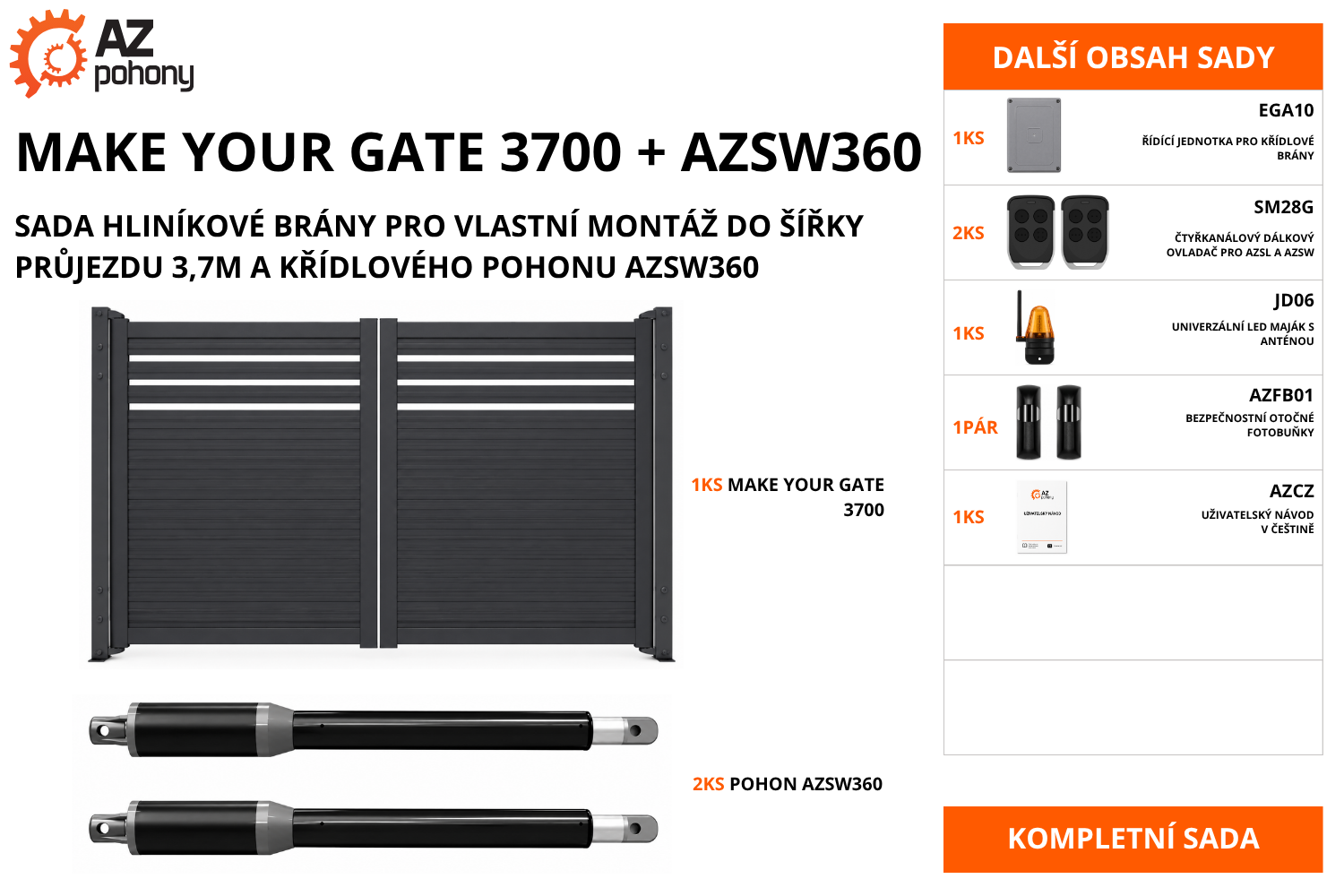 MAKE YOUR GATE 3700 + AZSW360 - sada hliníkové brány pro vlastní montáž do šířky průjezdu 3,7m a křídlového pohonu AZSW360