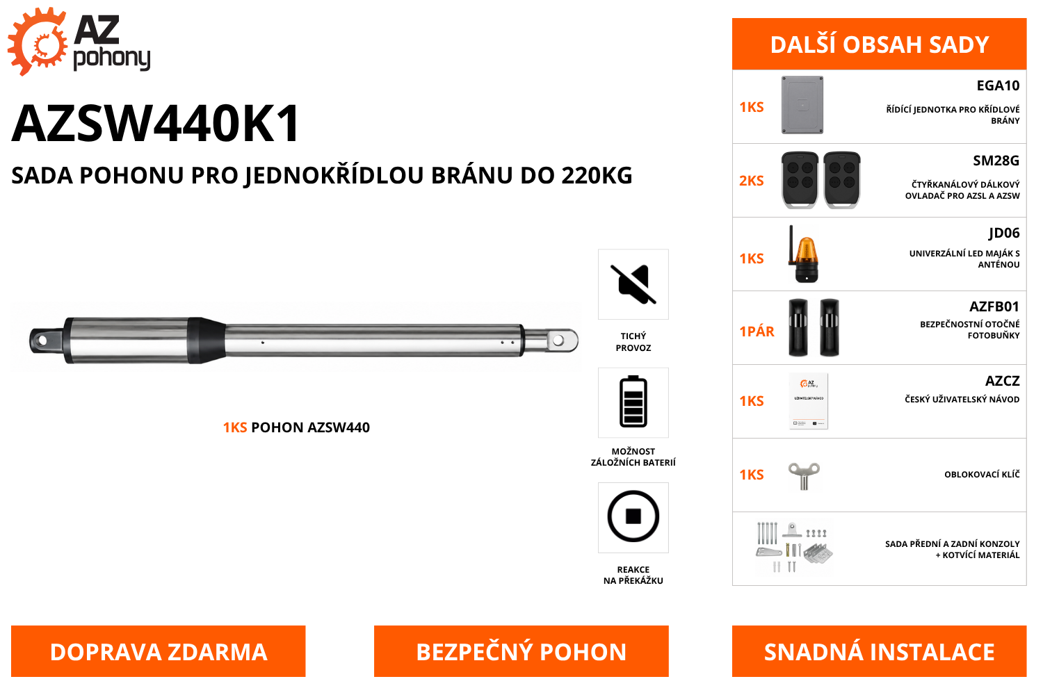 AZSW440K1 - pohon jednokřídlé brány s délkou průjezdu 2,5m a hmotností 220kg