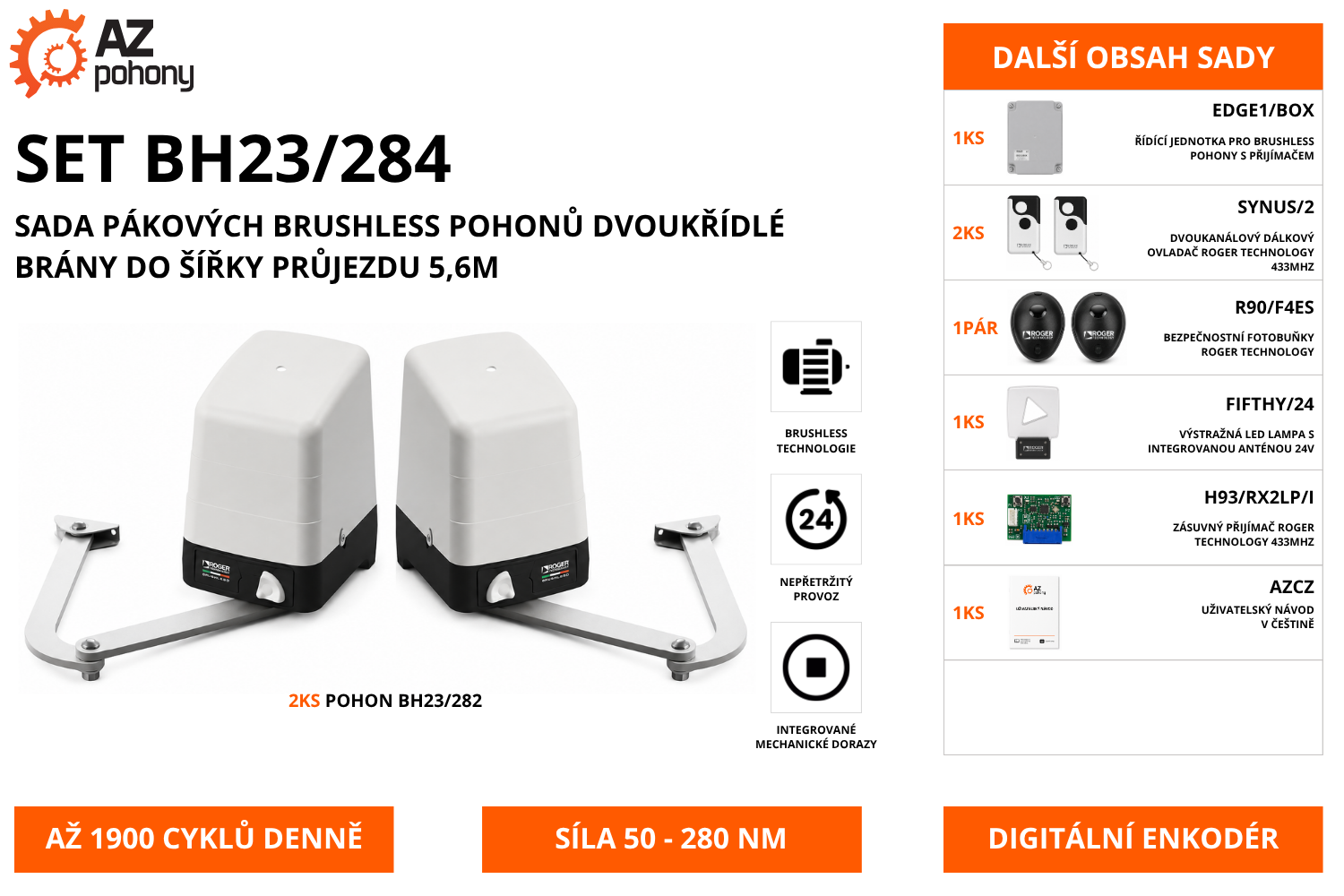 SET BH23/284 - sada brushless pákových pohonů pro dvoukřídlou bránu do 2,8 m na křídlo