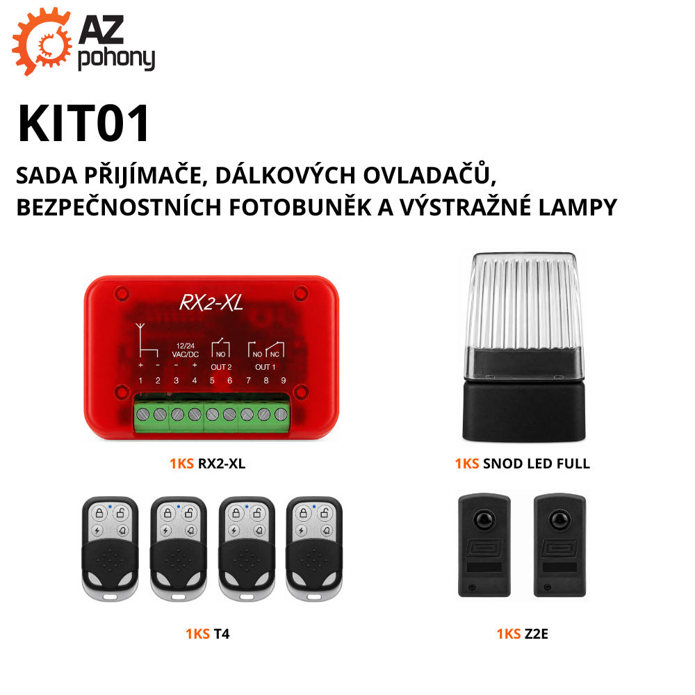 KIT01 - přijímač, 4 ks dálk. ovl., fotobuňky a lampa