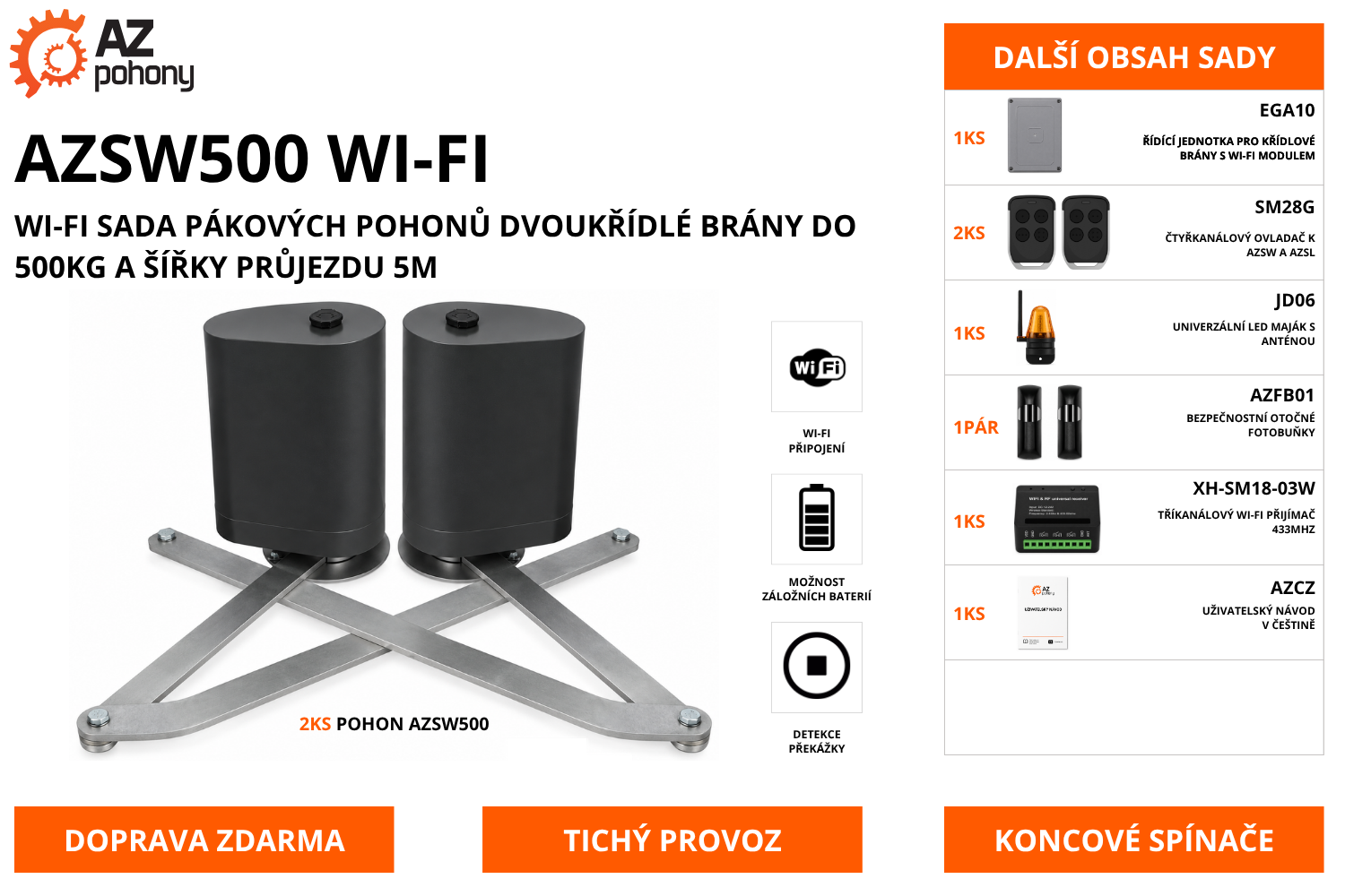 AZSW500 WI-FI - Wi-Fi sada pákových pohonů dvoukřídlé brány do 500kg a šířky průjezdu 5m
