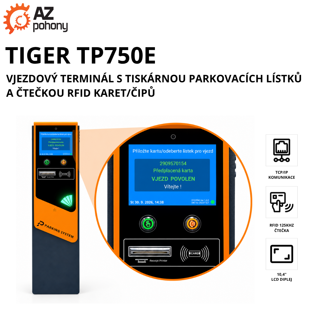 TIGER TP750E – vjezdový terminál s tiskárnou parkovacích lístků a čtečkou RFID karet/čipů