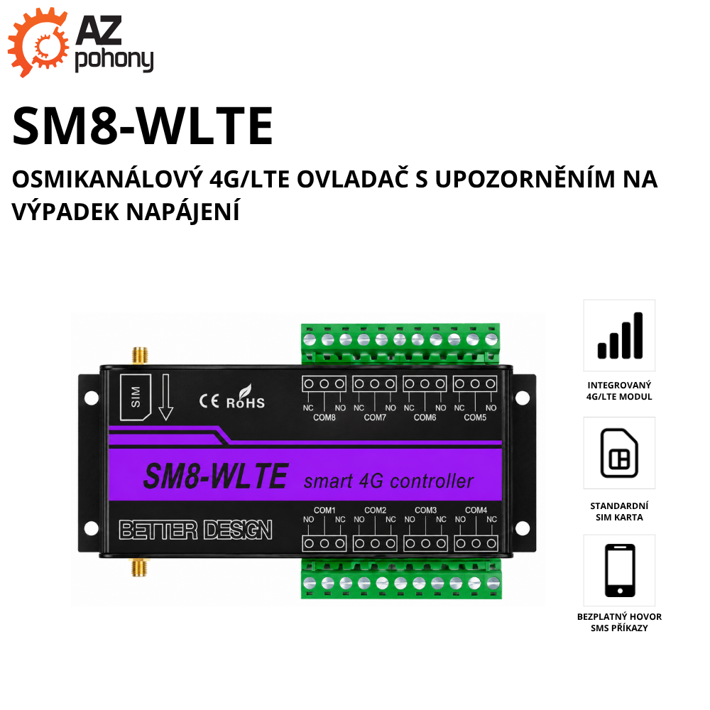 SM8-WLTE - osmikanálový 4G/LTE ovladač s upozorněním na výpadek napájení