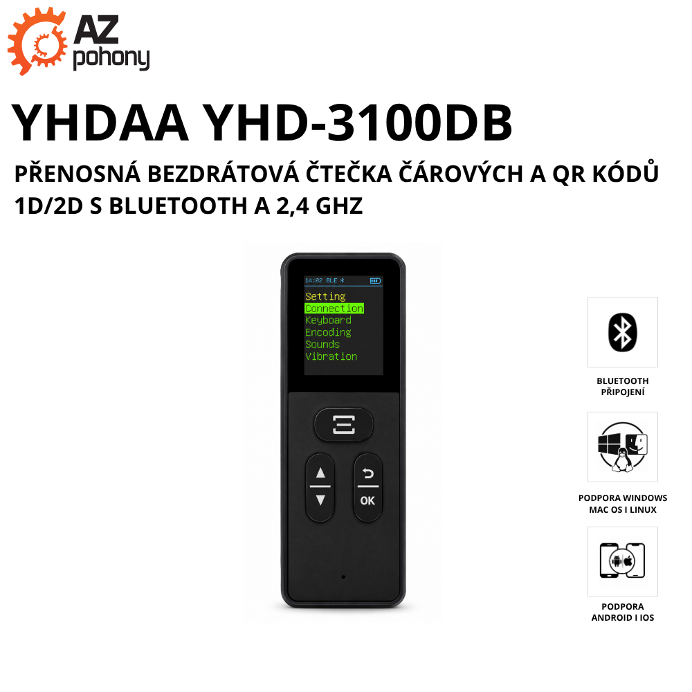 YHD-3100DB – přenosná bezdrátová čtečka čárových a QR kódů 1D/2D s Bluetooth a 2,4 GHz