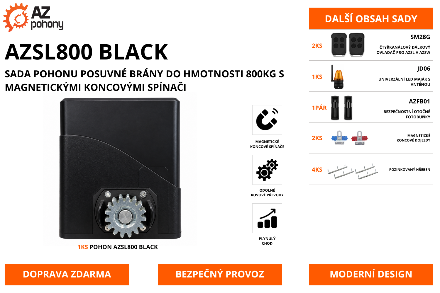 AZSL800 BLACK - sada pohonu posuvné brány do hmotnosti 800kg s magnetickými koncovými spínači