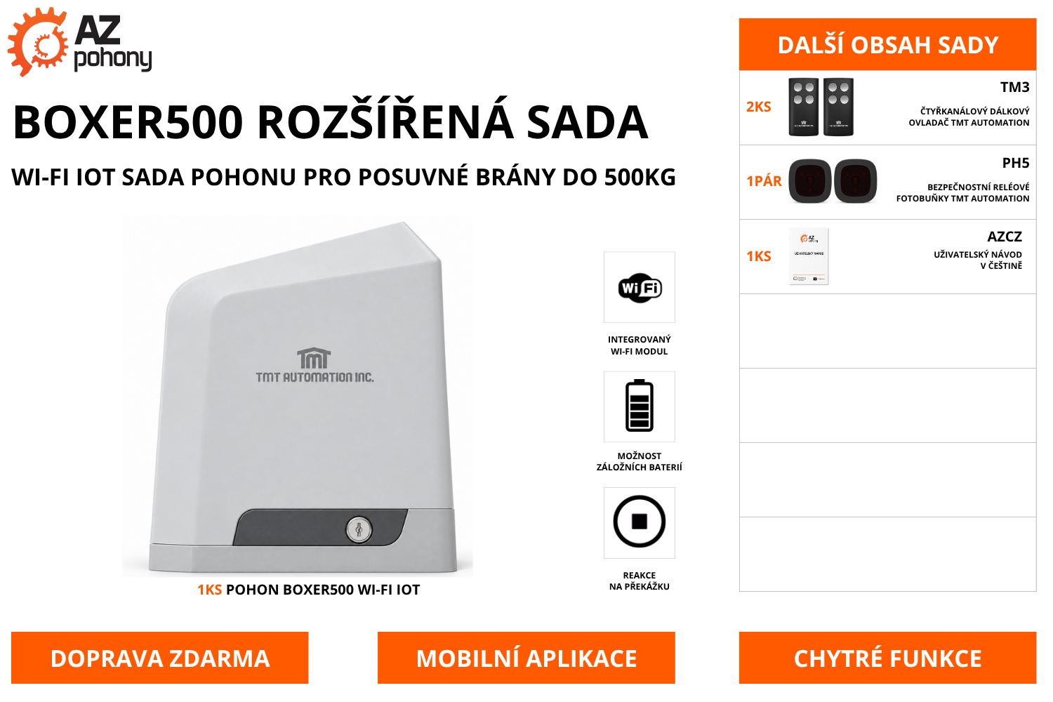 BOXER500 ROZŠÍŘENÁ SADA - Wi-Fi IoT sada pohonu pro posuvné brány do 500kg