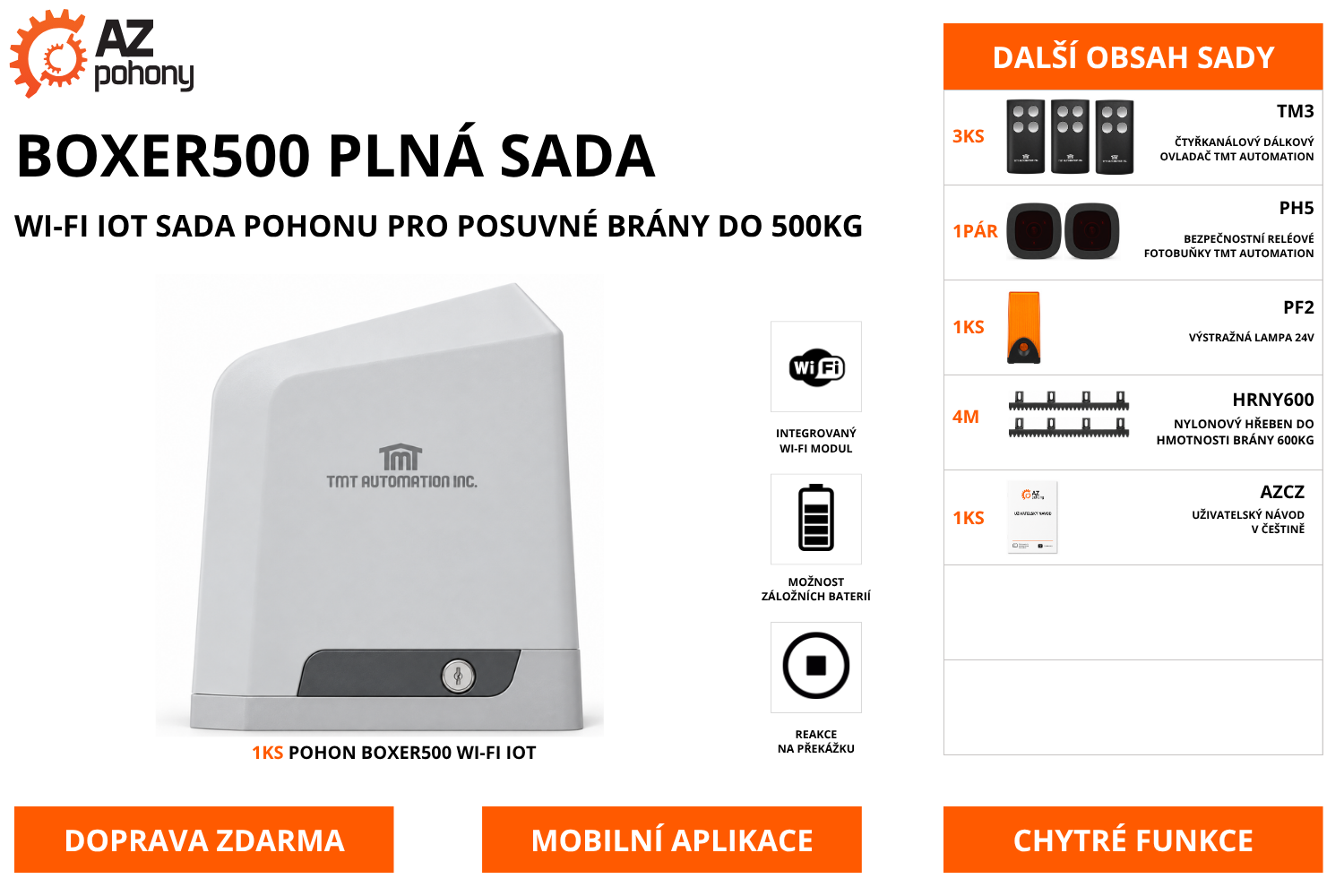 BOXER500 PLNÁ SADA - Wi-Fi IoT sada pohonu pro posuvné brány do 500kg