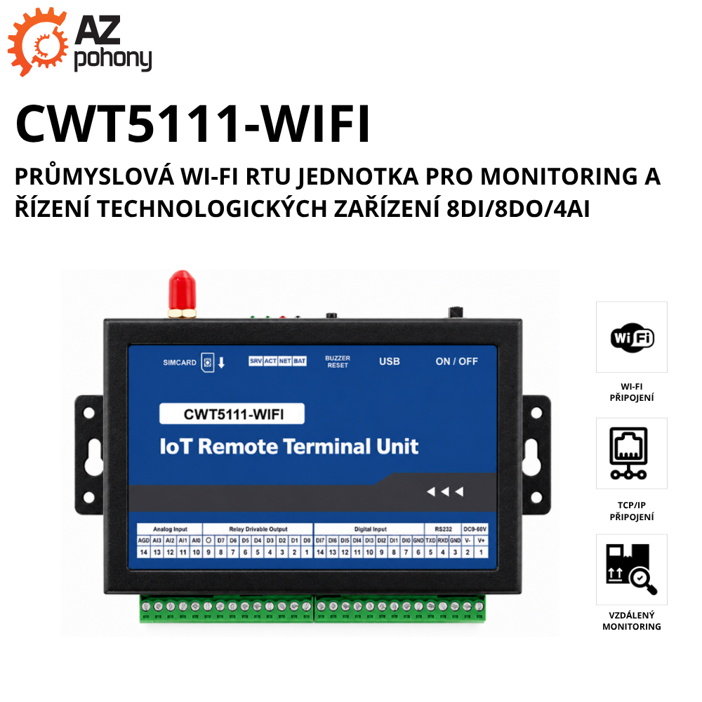 CWT5111-WIFI - průmyslová WI-FI RTU jednotka pro monitoring a řízení technologických zařízení 8DI/8DO/4AI