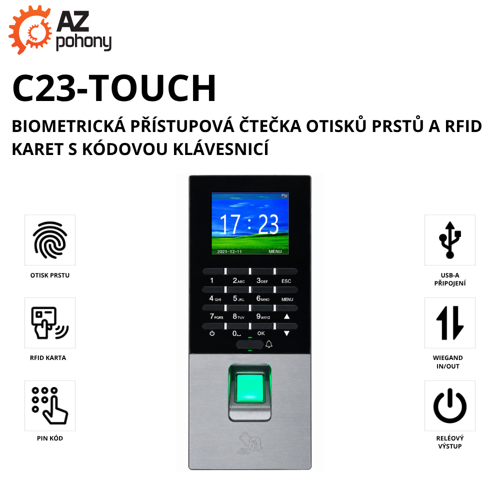 C23-TOUCH - biometrická přístupová čtečka otisků prstů a RFID karet s kódovou klávesnicí