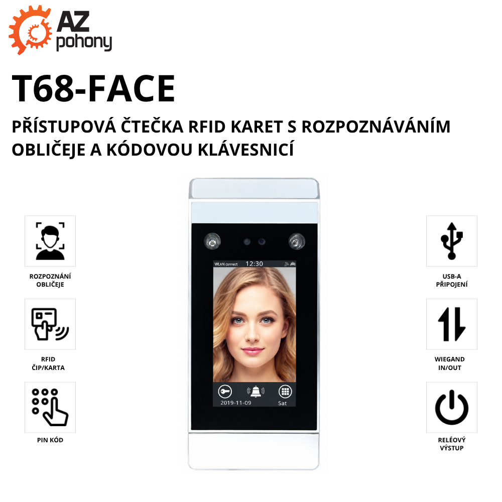 T68-FACE - přístupová čtečka RFID karet s rozpoznáváním obličeje a kódovou klávesnicí